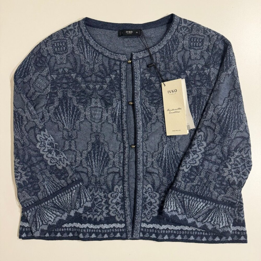 IVKO Womens Ornament Pattern Cardigan in Stone Blue Size 36 / S NWT